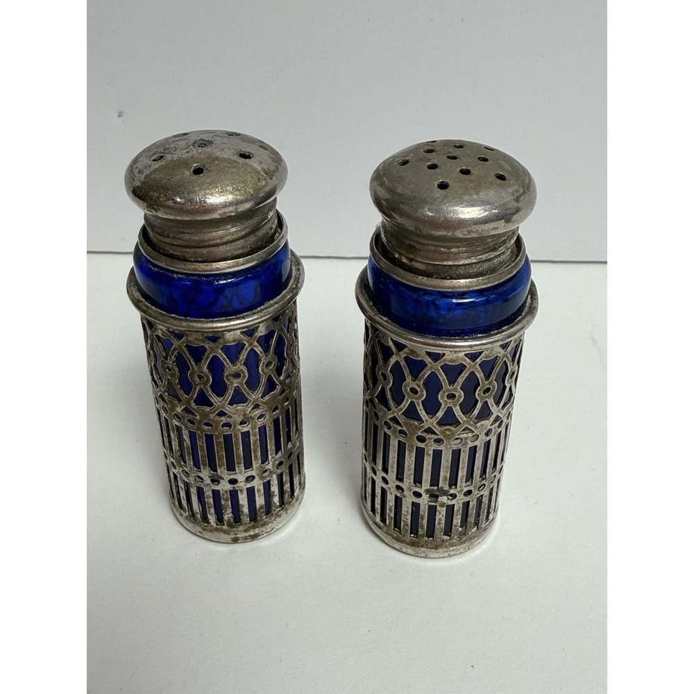 Cobalt Blue Glass‎ Silver Plate Salt Pepper Shakers Two Sets, Vintage